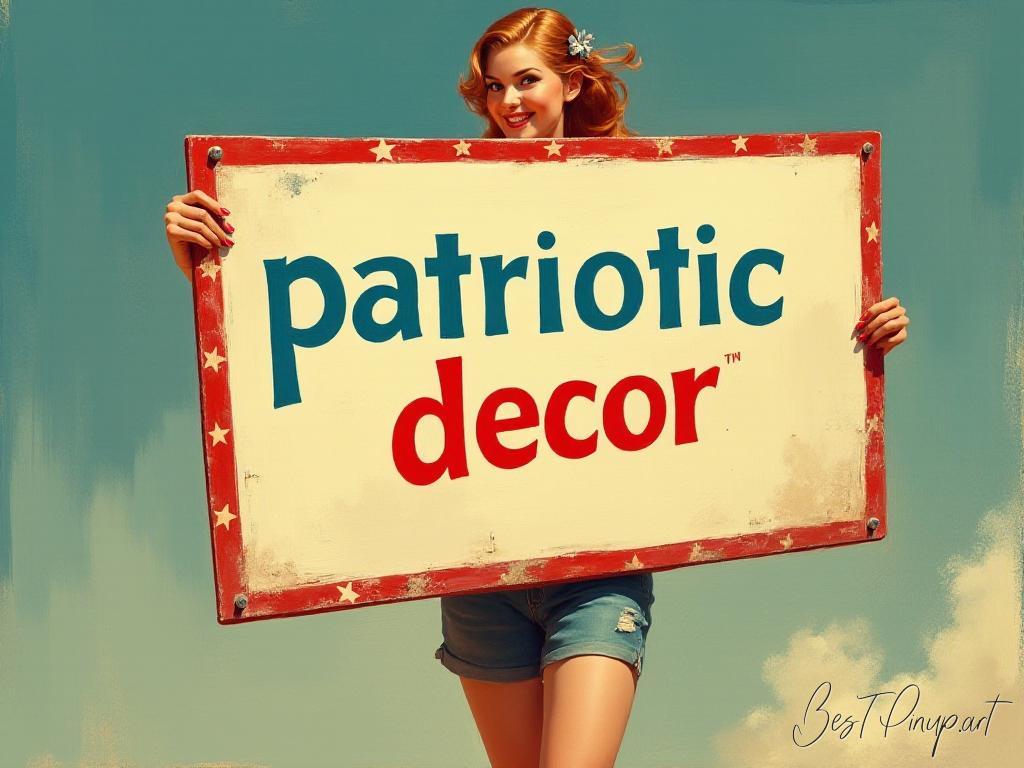 Pin-up girl showcasing a sign with patriotic decor theme