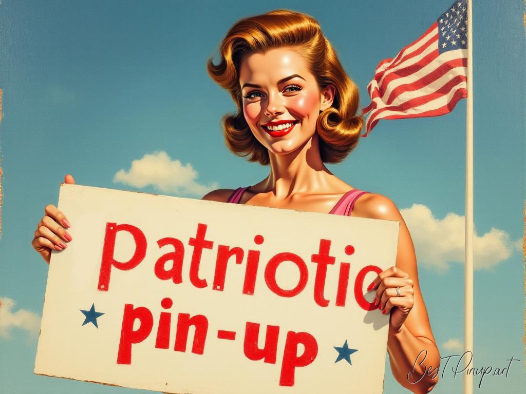 Pin-up girl showcasing a sign with patriotic pin-up theme