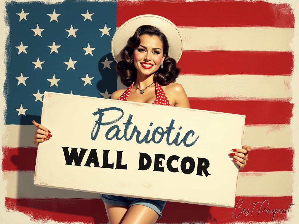 Pin-up girl showcasing a sign with patriotic wall decor theme