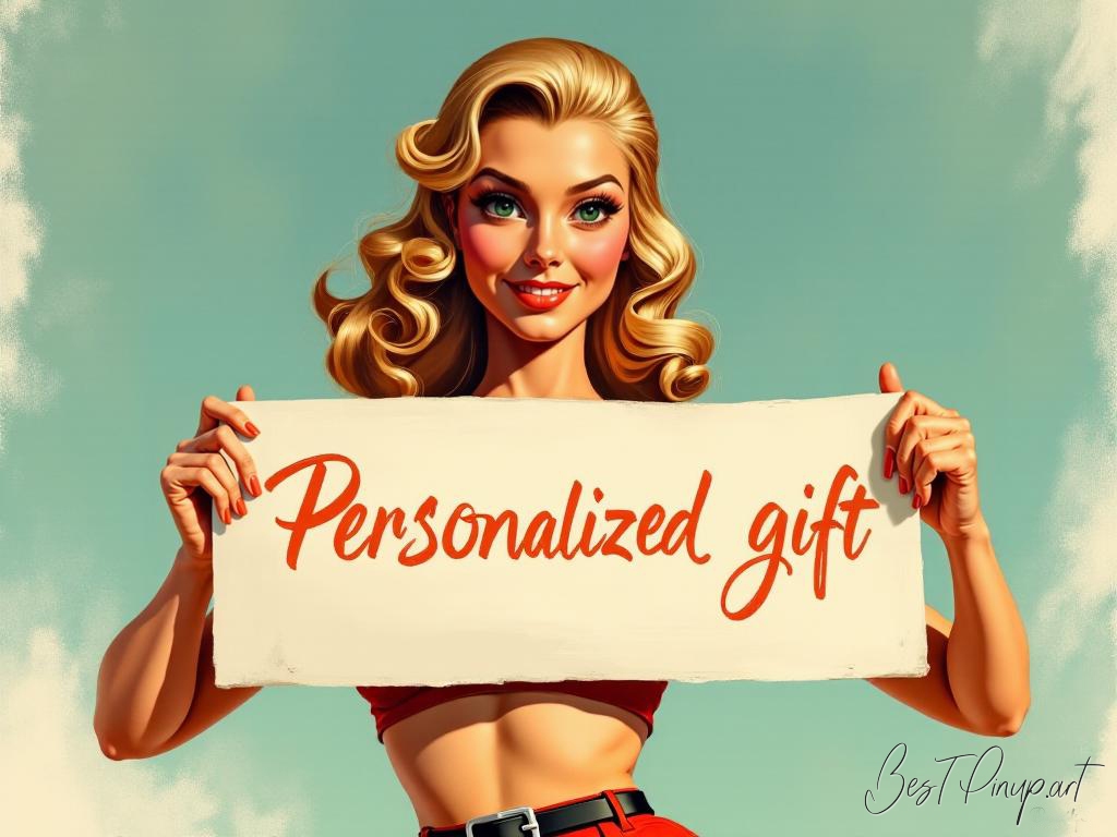 Pin-up girl showcasing a sign with personalised gift theme