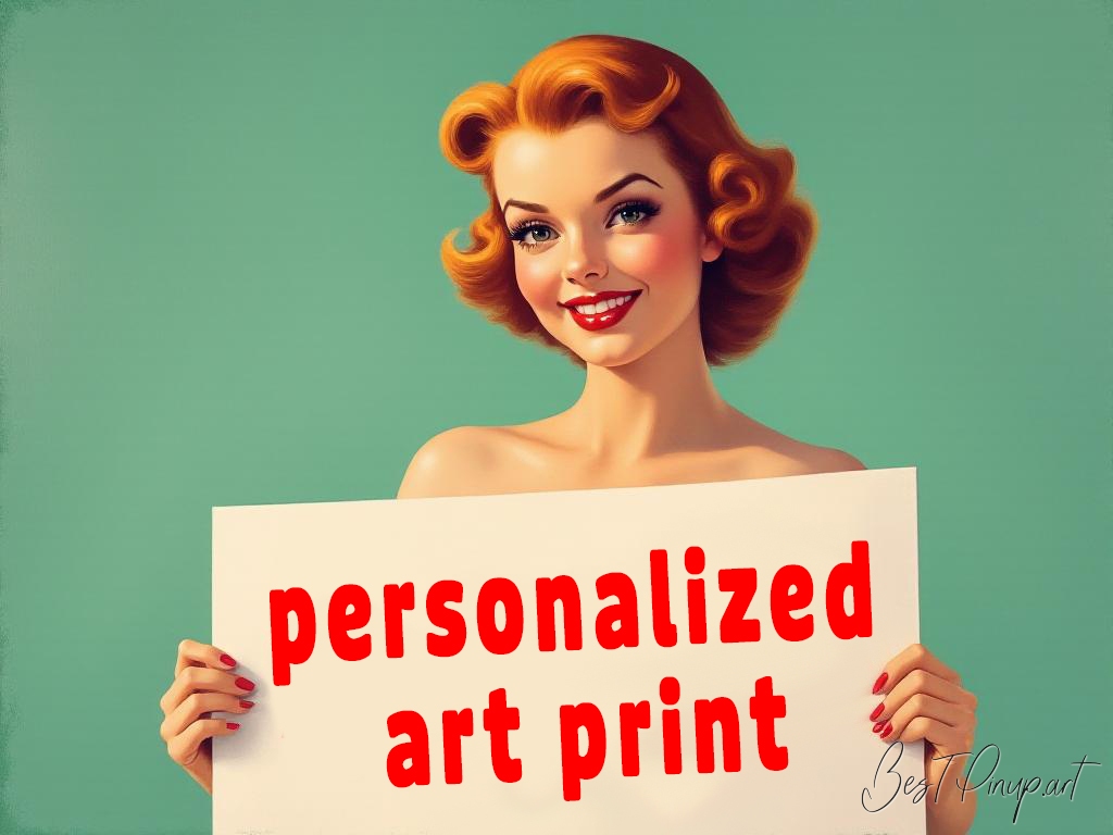 Pin-up girl showcasing a sign with personalized art print theme