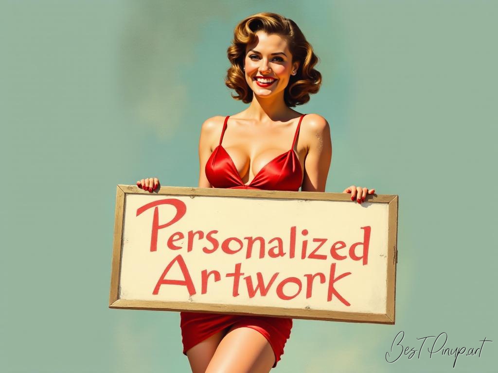 Pin-up girl showcasing a sign with personalized artwork theme