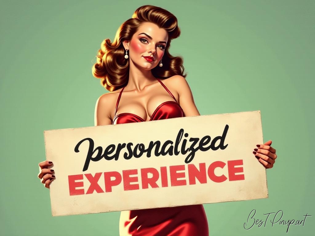 Pin-up girl showcasing a sign with personalized experience theme