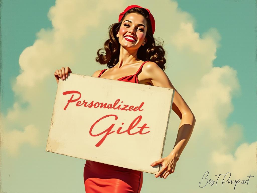 Pin-up girl showcasing a sign with personalized gift theme