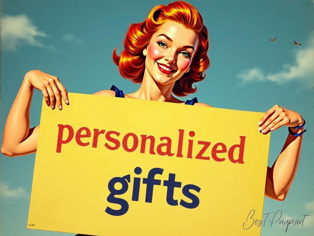 Pin-up girl showcasing a sign with personalized gifts theme