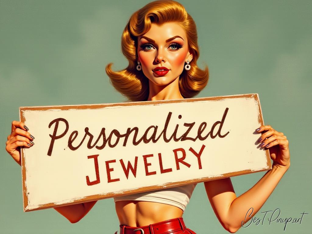 Pin-up girl showcasing a sign with personalized jewelry theme