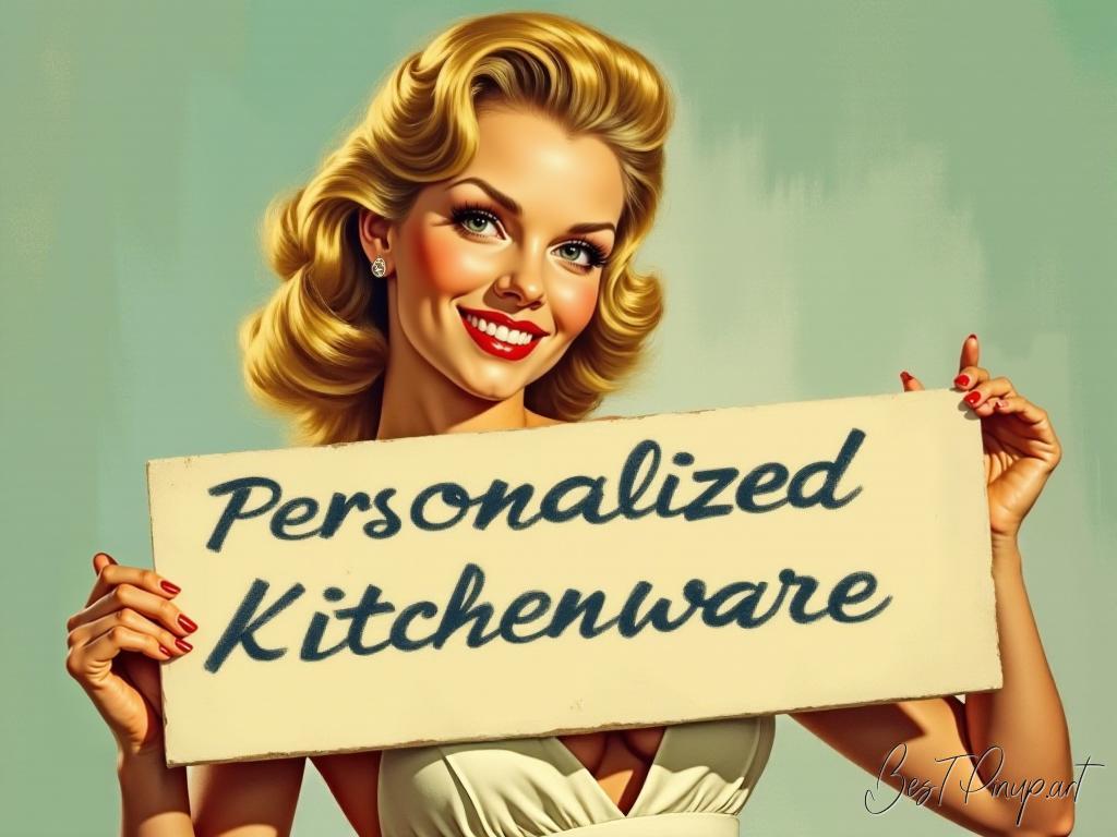 Pin-up girl showcasing a sign with personalized kitchenware theme