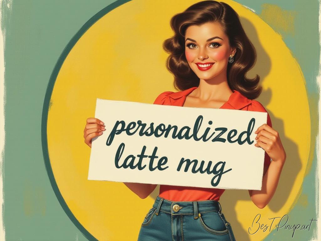 Pin-up girl showcasing a sign with personalized latte mug theme