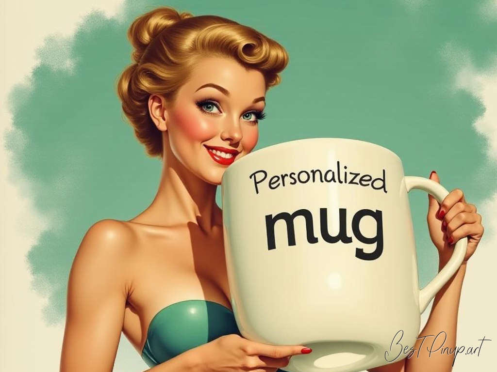 Pin-up girl showcasing a sign with personalized mug theme