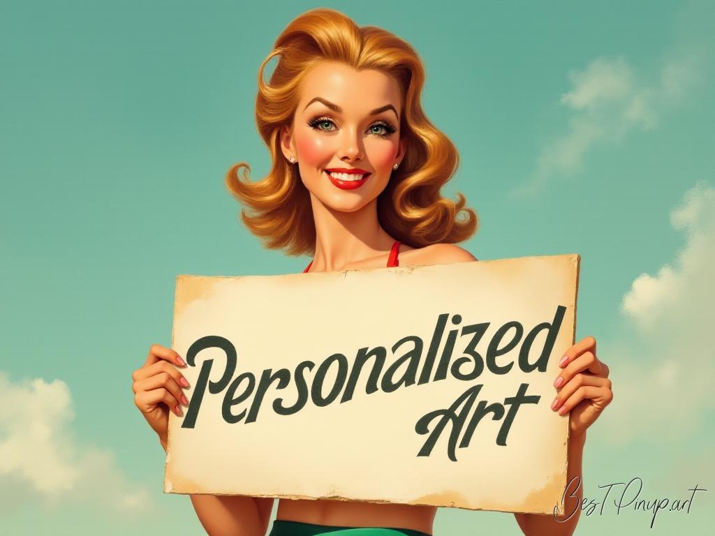 Pin-up girl showcasing a sign with personalized pin-up art theme
