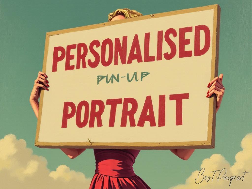 Pin-up girl showcasing a sign with personalized pin-up portrait theme