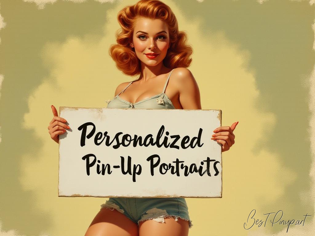 Pin-up girl showcasing a sign with personalized pin-up portraits theme