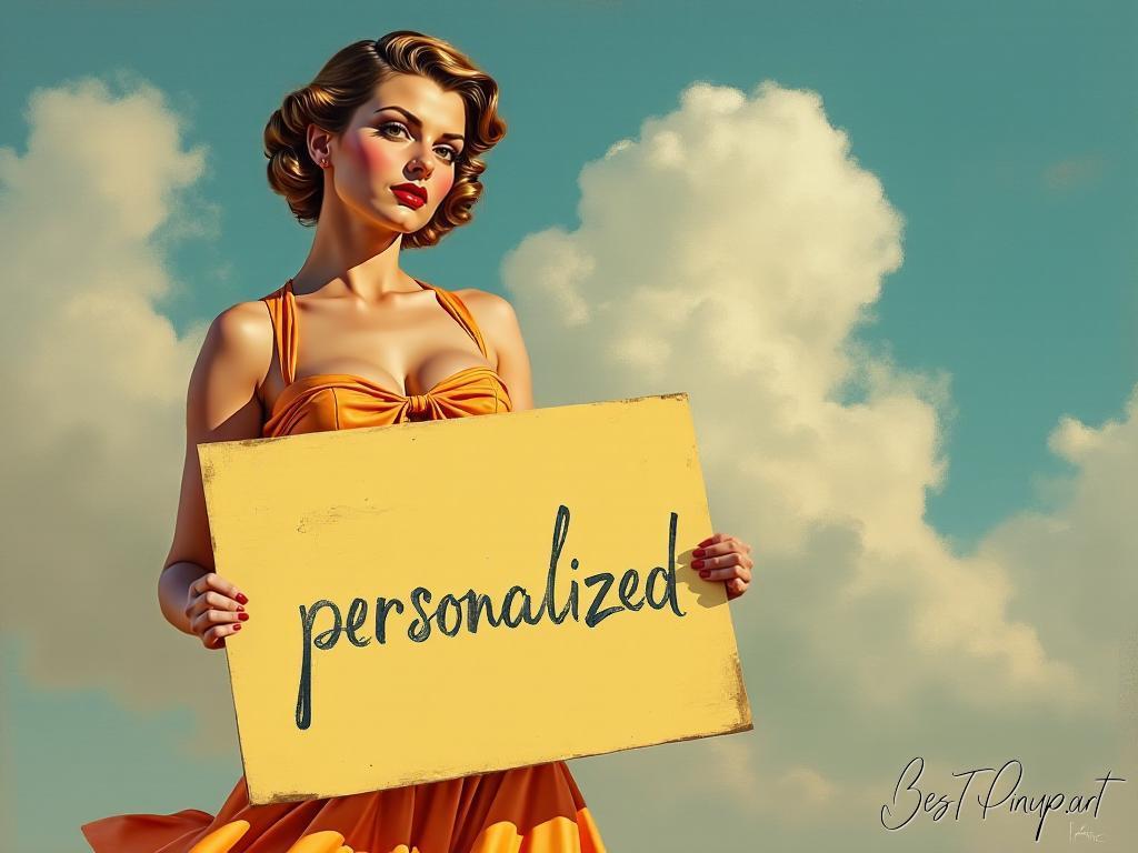 Pin-up girl showcasing a sign with personalized portraits theme