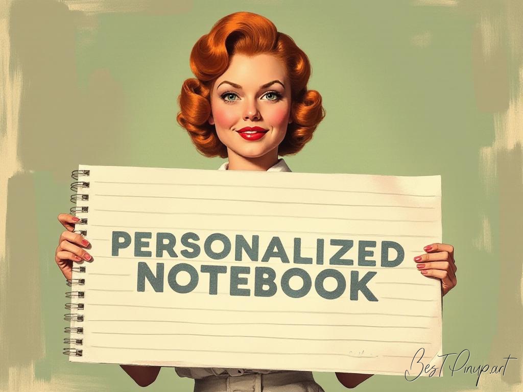 Pin-up girl showcasing a sign with personalized spiral notebook theme