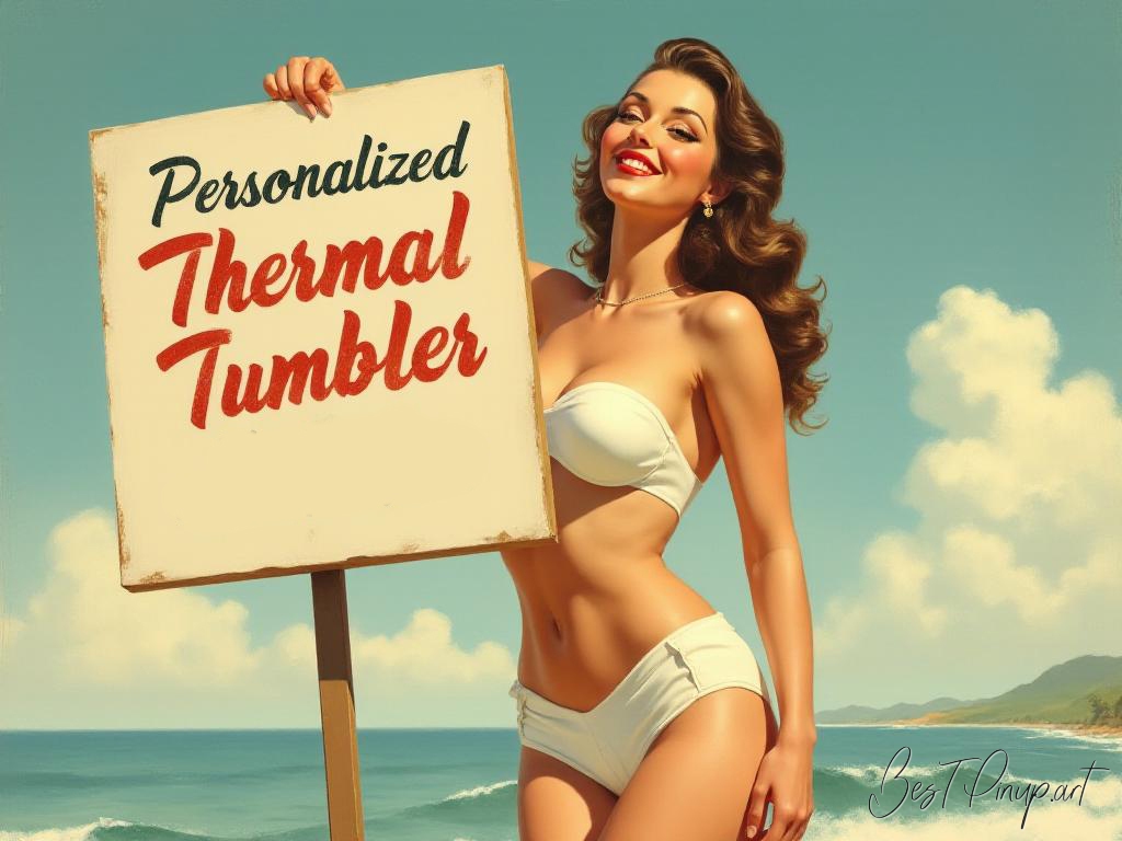 Pin-up girl showcasing a sign with personalized thermal tumbler theme