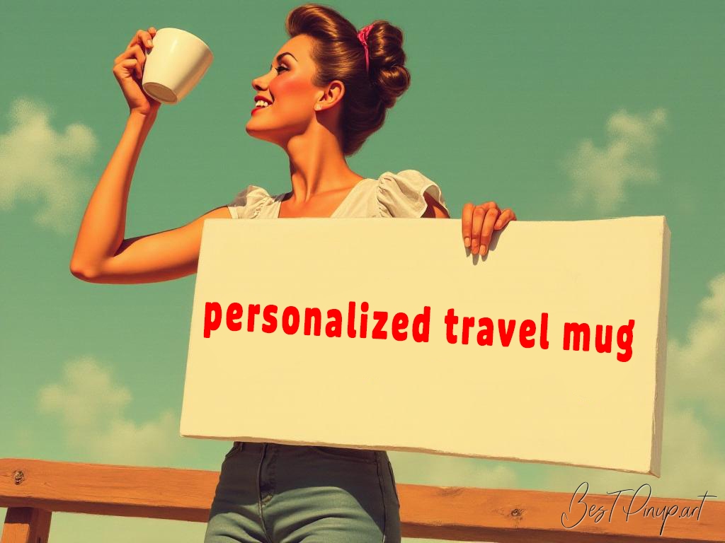 Pin-up girl showcasing a sign with personalized travel mug theme
