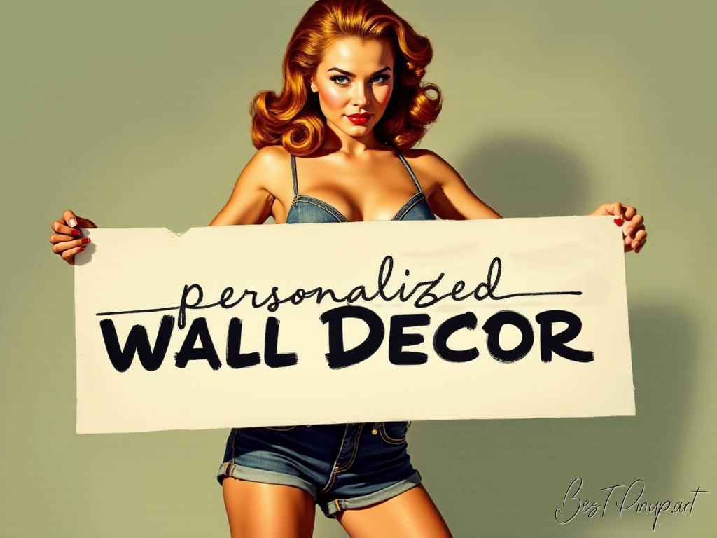 Pin-up girl showcasing a sign with personalized wall decor theme