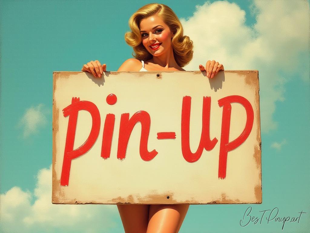 Pin-up girl showcasing a sign with pin-up theme