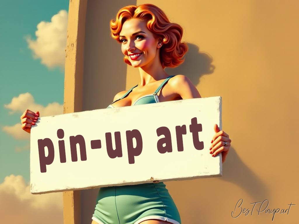 Pin-up girl showcasing a sign with pin-up art theme