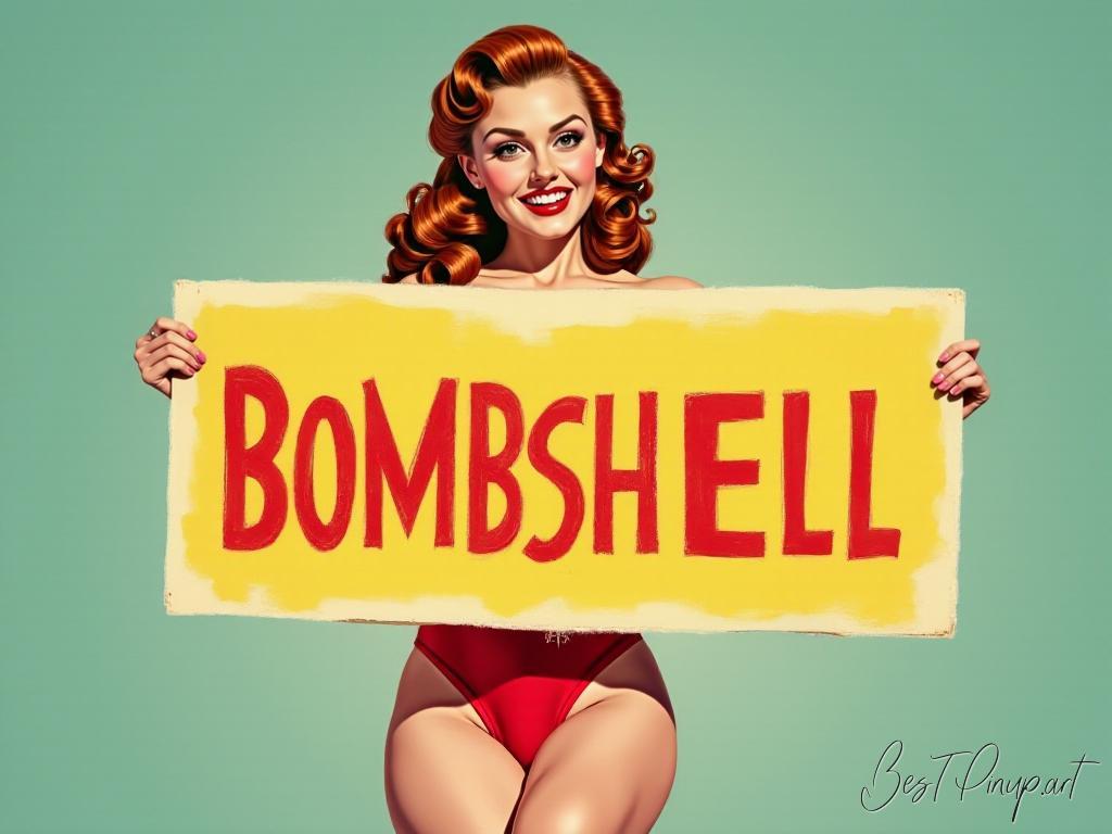 Pin-up girl showcasing a sign with pin-up bombshell theme