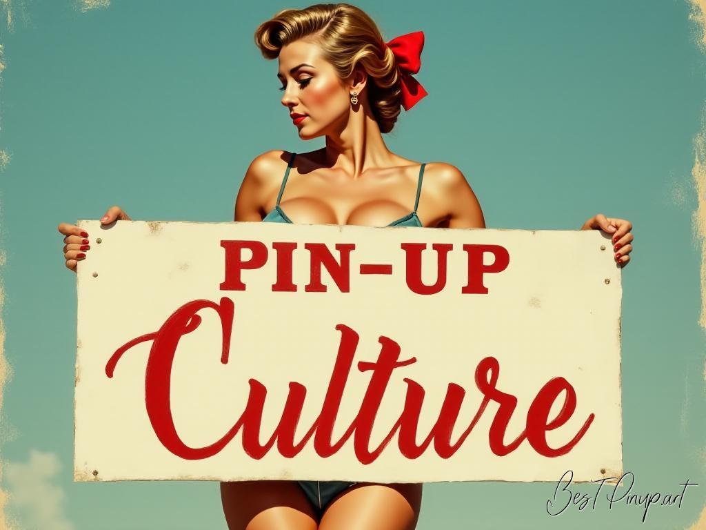 Pin-up girl showcasing a sign with pin-up culture theme