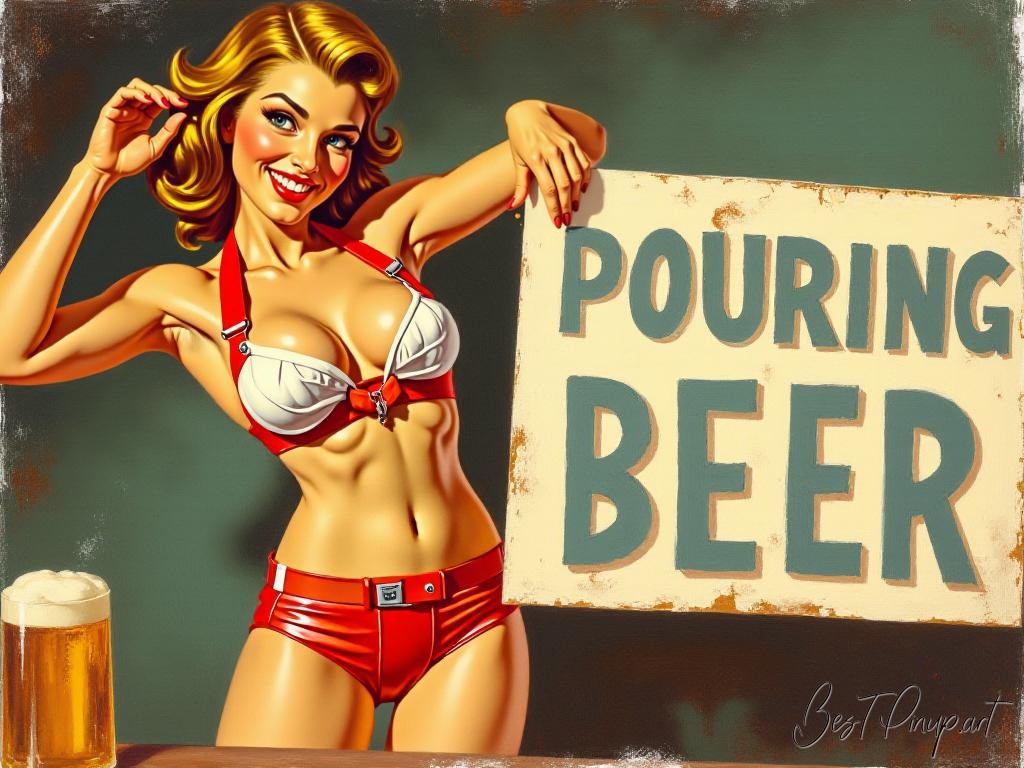 Pin-up girl showcasing a sign with pin-up girl pouring beer theme