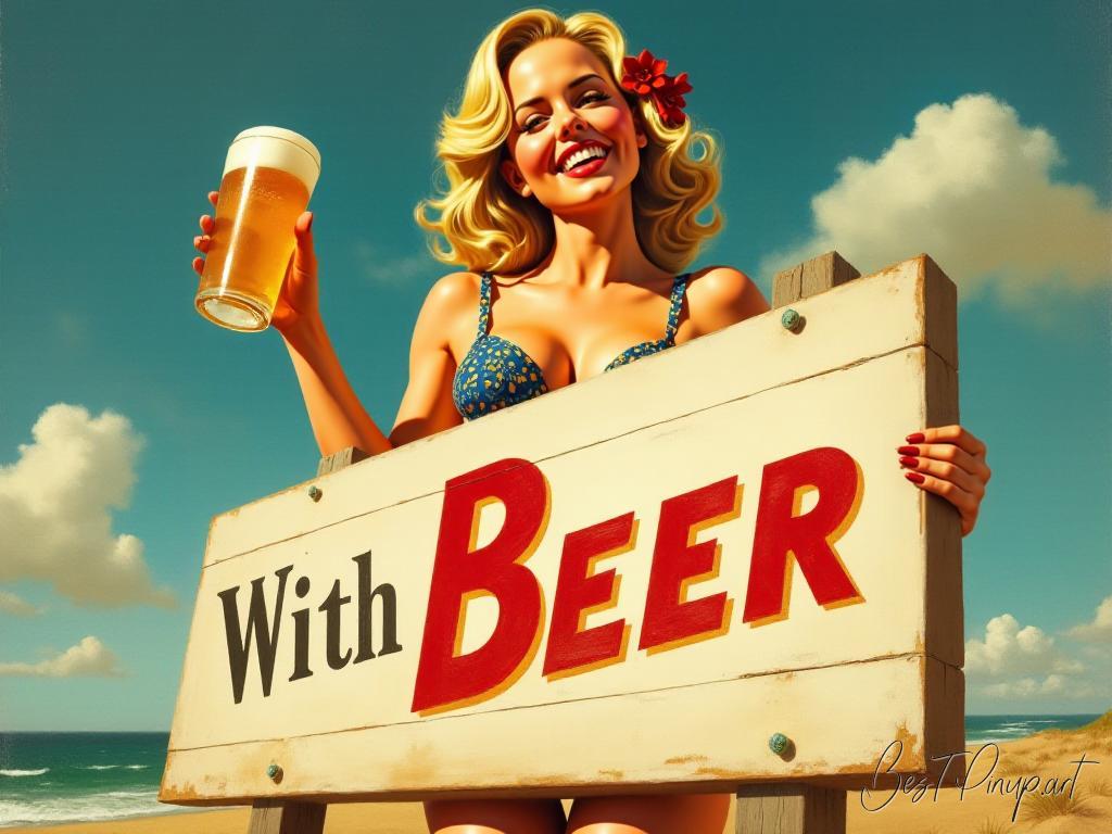 Pin-up girl showcasing a sign with pin-up girl with beer theme