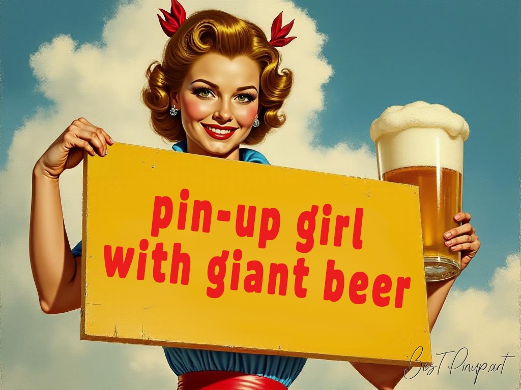 Pin-up girl showcasing a sign with pin-up girl with giant beer theme