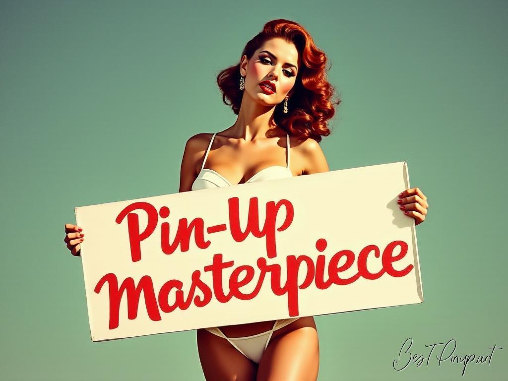 Pin-up girl showcasing a sign with Pin-Up Masterpiece theme