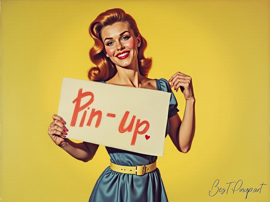 Pin-up girl showcasing a sign with pin-up portraits theme