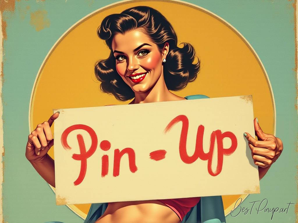 Pin-up girl showcasing a sign with pin-up posters theme