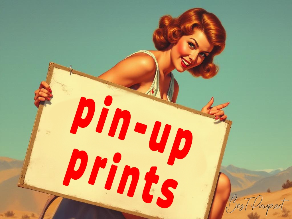 Pin-up girl showcasing a sign with pin-up prints theme