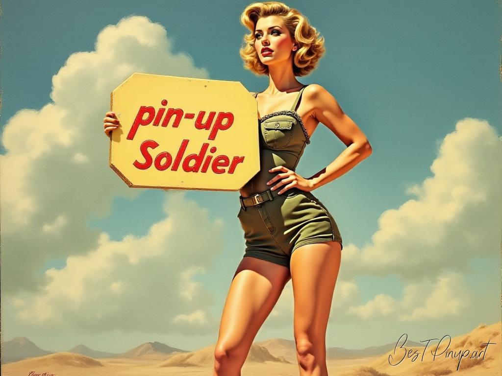 Pin-up girl showcasing a sign with pin-up soldier theme