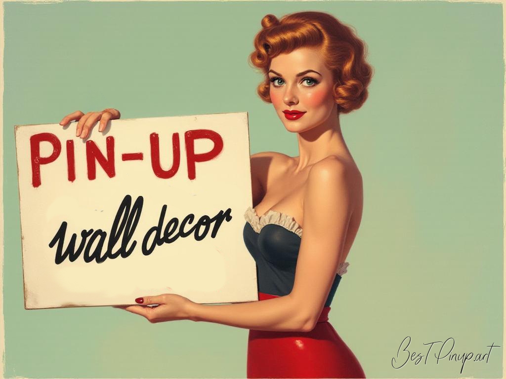 Pin-up girl showcasing a sign with pin-up wall decor theme