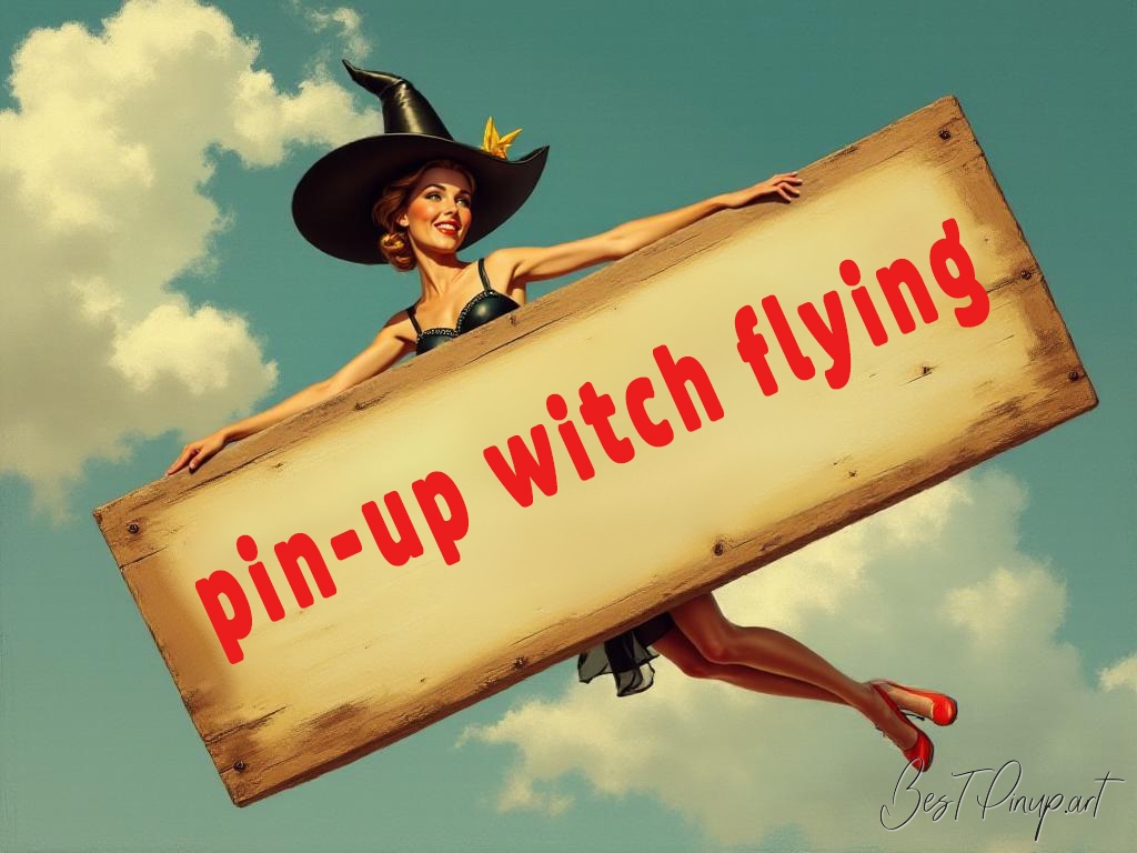 Pin-up girl showcasing a sign with pin-up witch flying theme