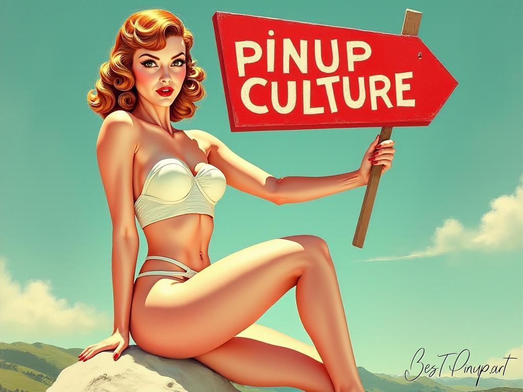Pin-up girl showcasing a sign with pinup culture theme