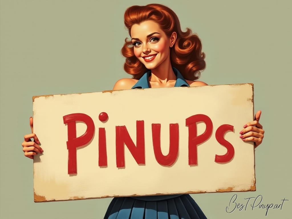 Pin-up girl showcasing a sign with pinup portraits theme