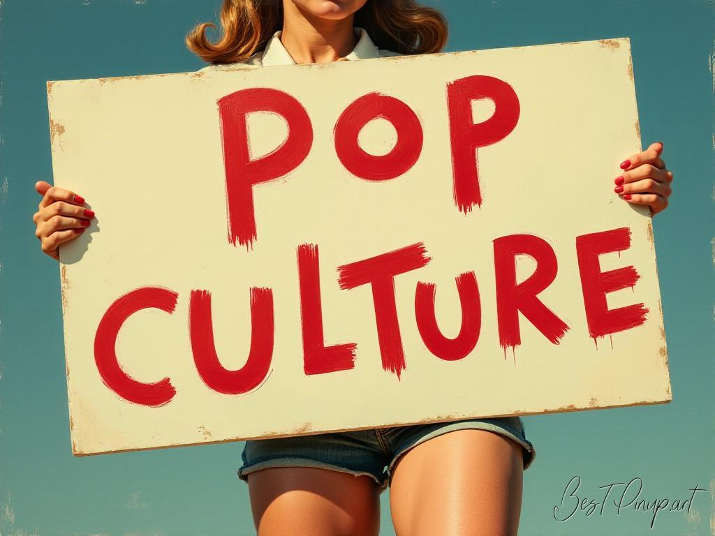 Pin-up girl showcasing a sign with pop culture theme