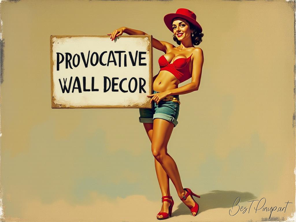 Pin-up girl showcasing a sign with provocative wall decor theme