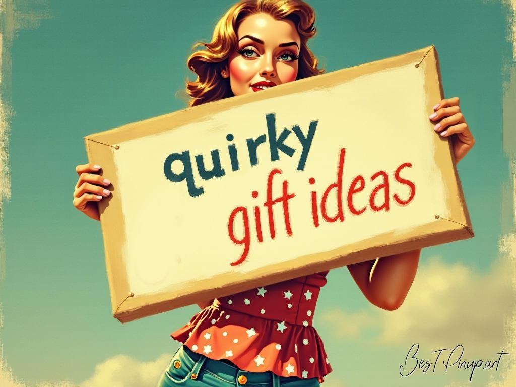 Pin-up girl showcasing a sign with quirky gift ideas theme
