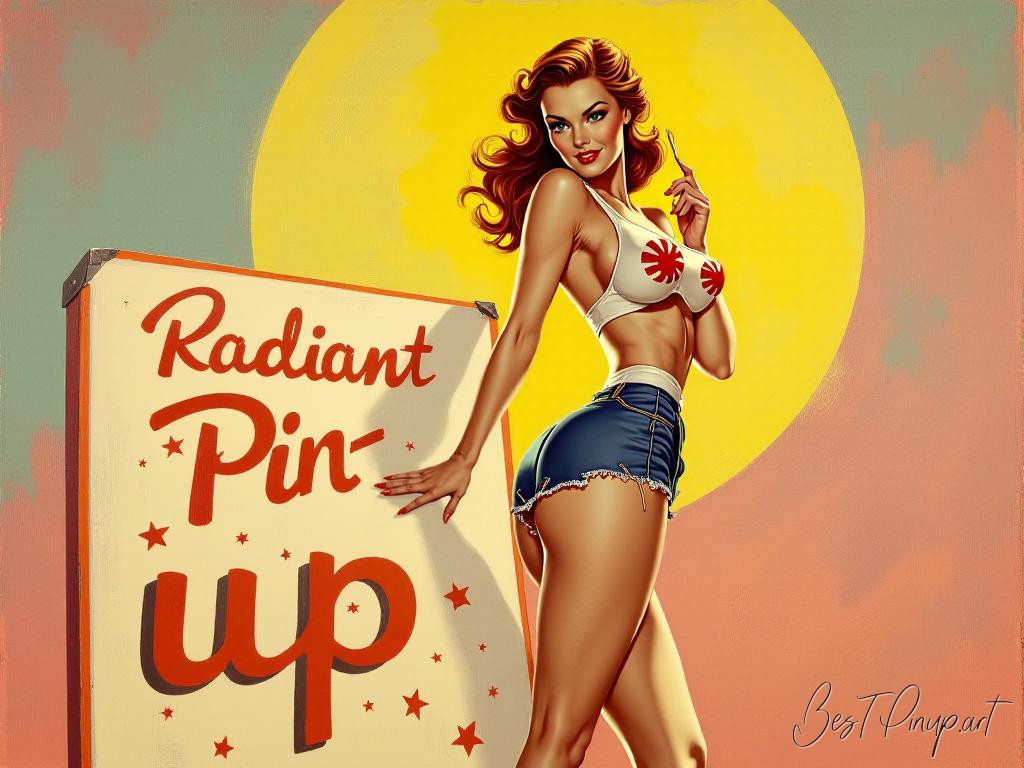 Pin-up girl showcasing a sign with radiant pin-up theme