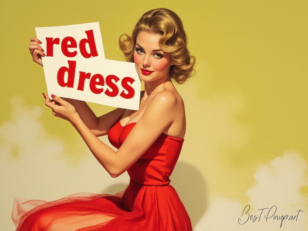 Pin-up girl showcasing a sign with red dress pin-up theme
