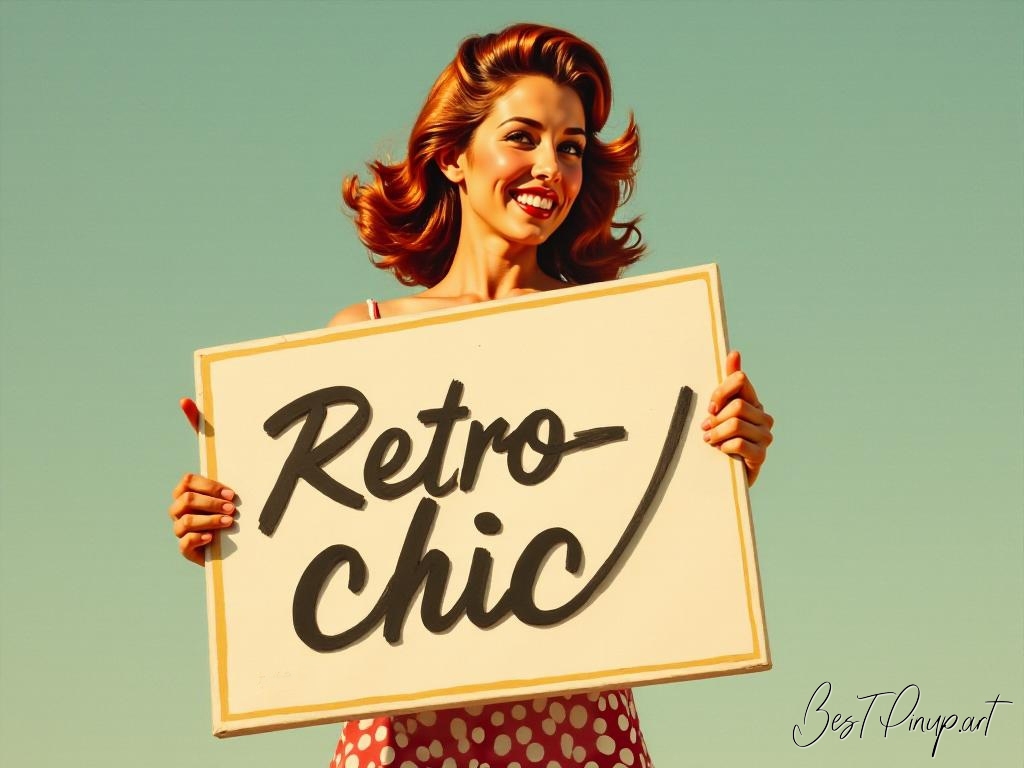 Pin-up girl showcasing a sign with retro-chic theme