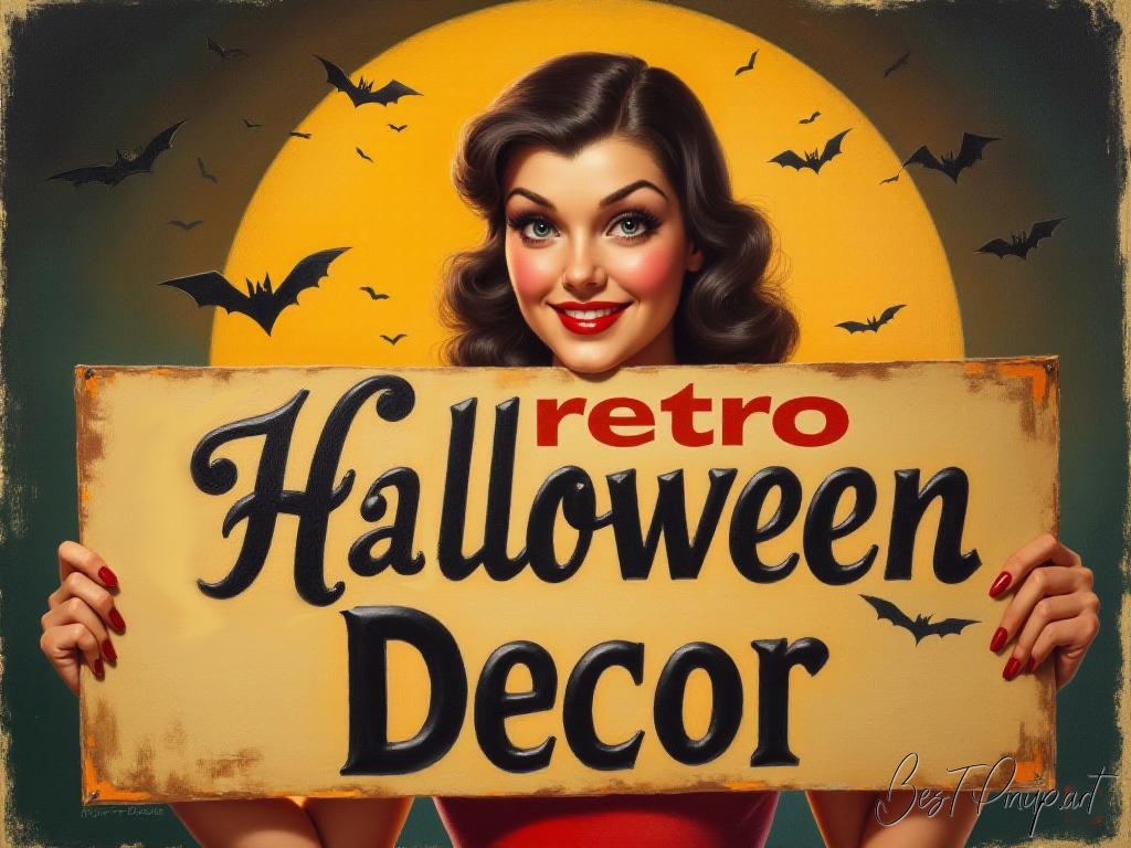 Pin-up girl showcasing a sign with retro Halloween decor theme