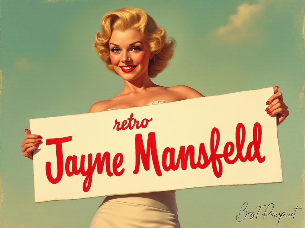 Pin-up girl showcasing a sign with retro Jayne Mansfield theme