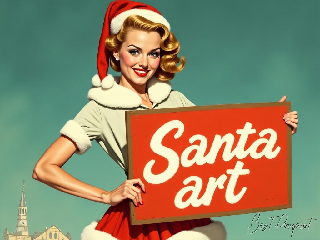 Pin-up girl showcasing a sign with retro Santa art theme