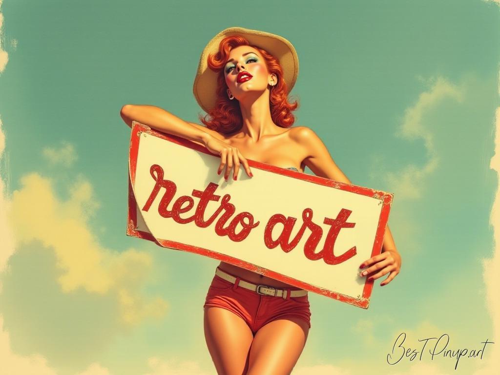 Pin-up girl showcasing a sign with retro art theme