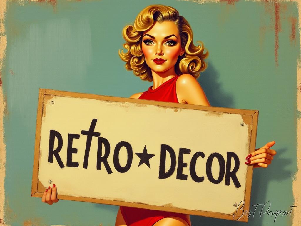 Pin-up girl showcasing a sign with retro decor theme