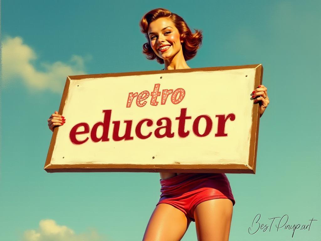 Pin-up girl showcasing a sign with retro educator theme