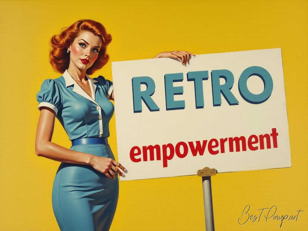Pin-up girl showcasing a sign with retro empowerment theme